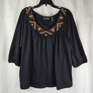 MB Casual Black Gold Floral Embroidered 3/4 Sleeve Womens Top Plus Size 24W/26W